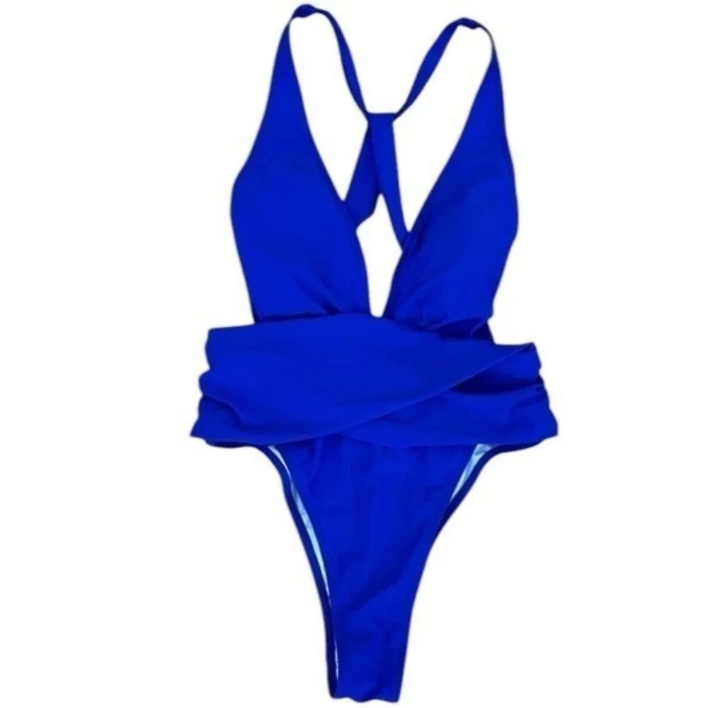 NEW Cupshe Plunge Neck High Leg One Piece Swimsuit Tropical Resort Coastal S